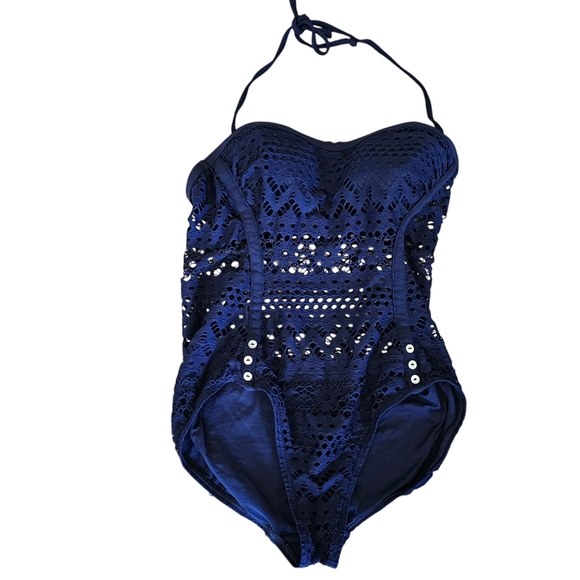 Robin Piccone Other - Robin Piccone One Piece Navy Blue Halter Crochet Bathing Swimsuit Size 10